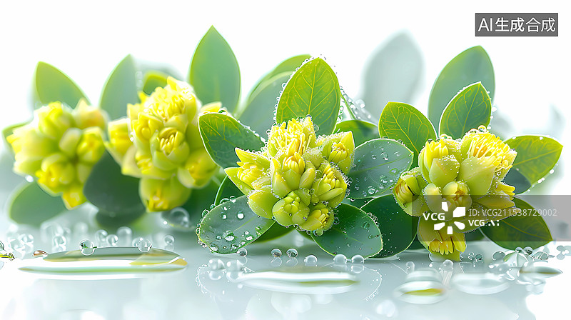 【AI数字艺术】白底上带水珠的中草药红景天花和水面倒影图片素材