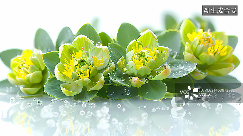 【AI数字艺术】白底上带水珠的中草药红景天花和水面倒影图片素材