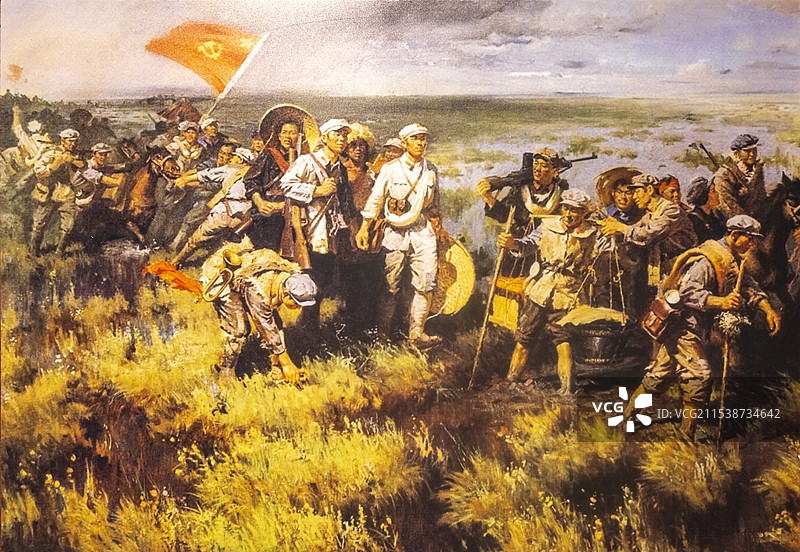 红军长征过草地情景的油画 绍兴周恩来祖居图片素材