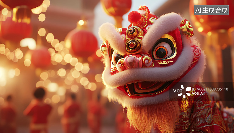 【AI数字艺术】春节舞龙舞狮表演插画图片素材