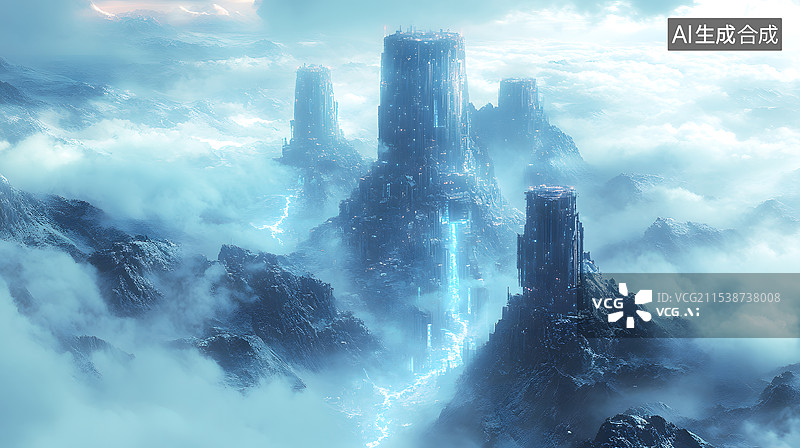 【AI数字艺术】AIGC：高美感游戏特效动漫风格场景 云雾中的高山图片素材