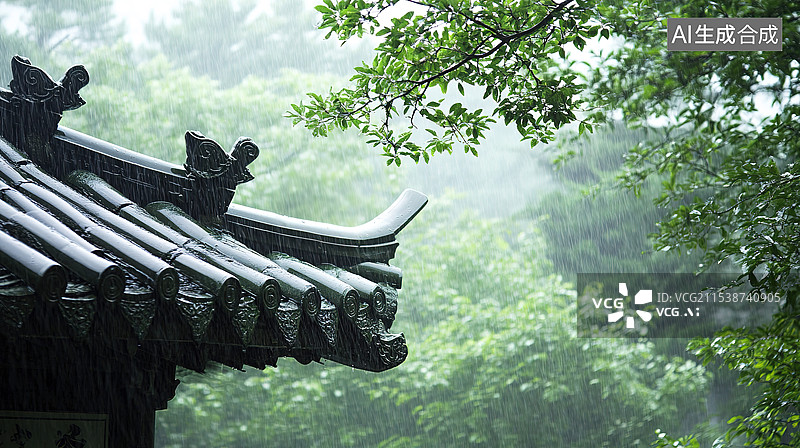 【AI数字艺术】雨中的中式传统建筑屋檐青石瓦片特写图片素材