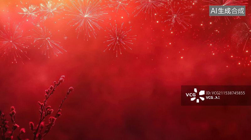 【AI数字艺术】新年春节烟花红色背景粒子光效舞台背景图片素材