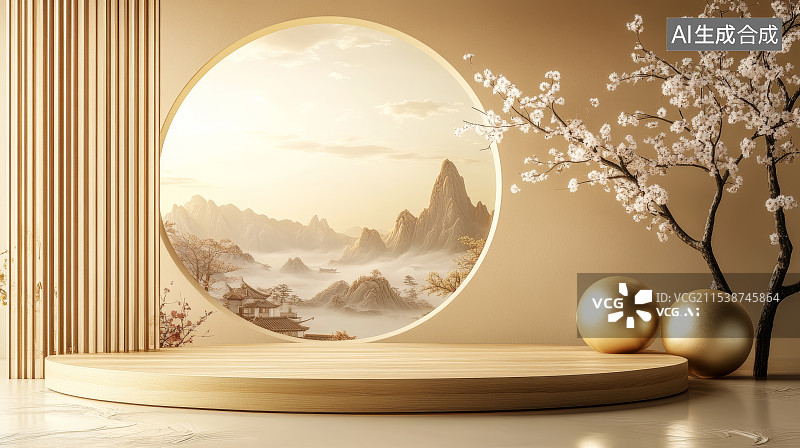 【AI数字艺术】国风室内背景电商产品展台图片素材