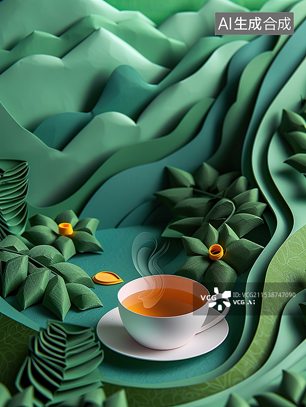 【AI数字艺术】茶话会剪纸风插画图片素材