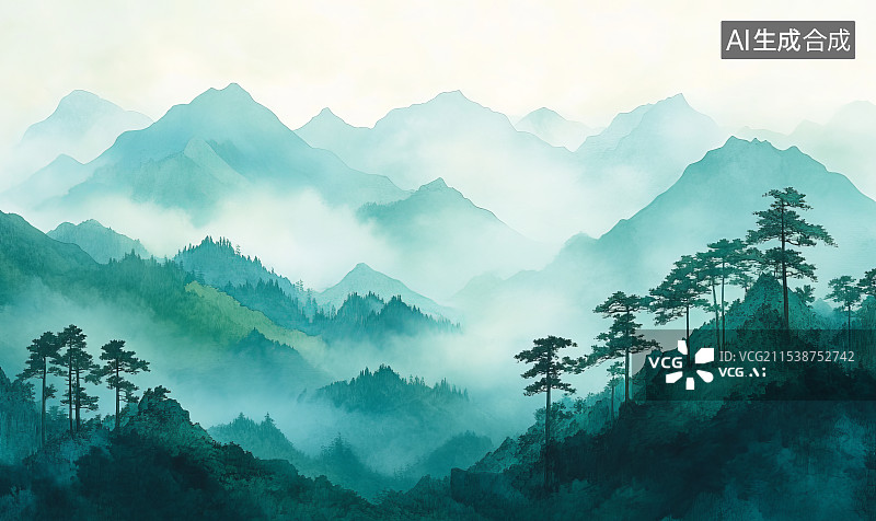 【AI数字艺术】中国风山间云雾唯美水墨风景插画图片素材