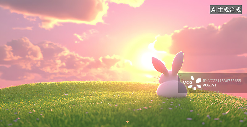 【AI数字艺术】3DC4D渲染一只小白兔坐在绿色草地上粉色天空图片素材