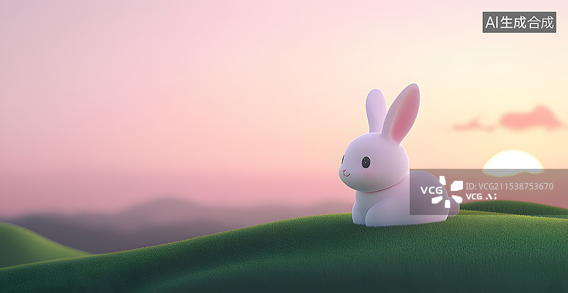 【AI数字艺术】3DC4D渲染一只小白兔坐在绿色草地上粉色天空图片素材