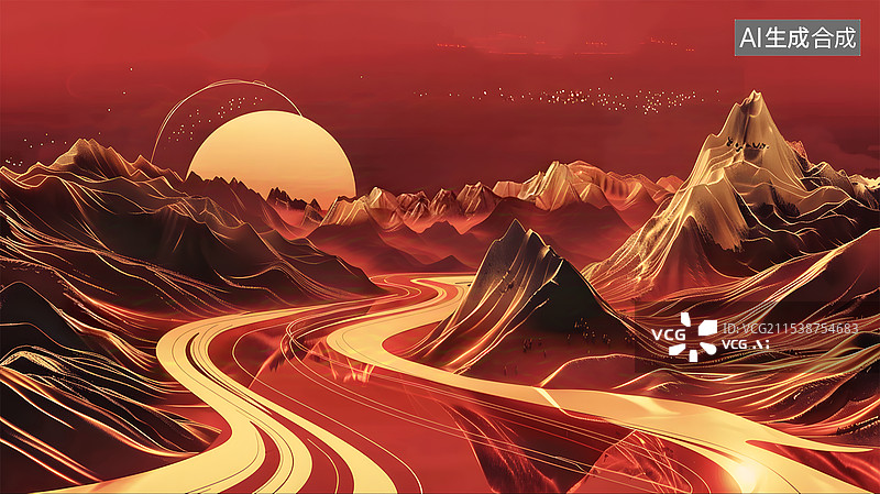 【AI数字艺术】红色色调的山川河流图片素材