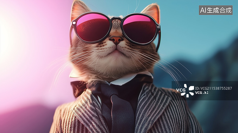 【AI数字艺术】时尚的猫戴着时髦的太阳镜和流行服装，展现了现代且趣味十足的设计元素，别具一格。图片素材