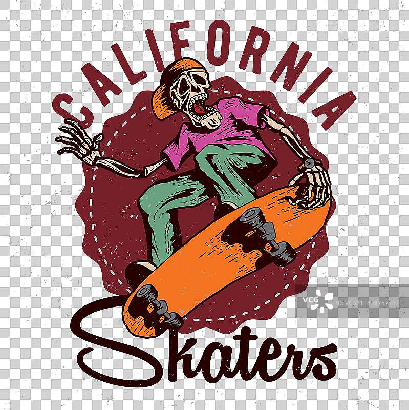 带有骷髅图案的滑板T恤标签设计图片素材