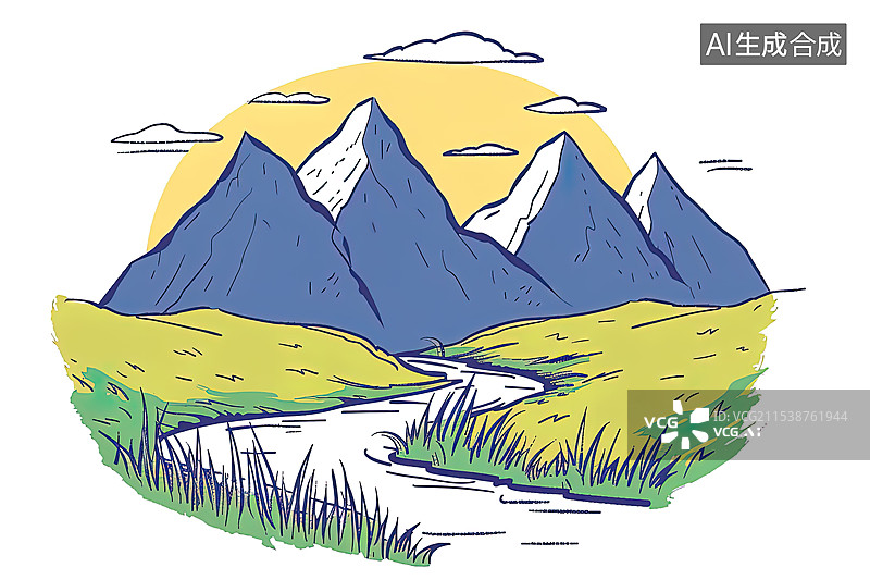 【AI数字艺术】美丽的自然风景山川和河流的图标图片素材
