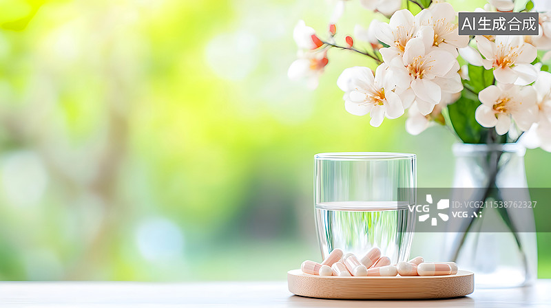 【AI数字艺术】桌子上放着一杯水和药品图片素材