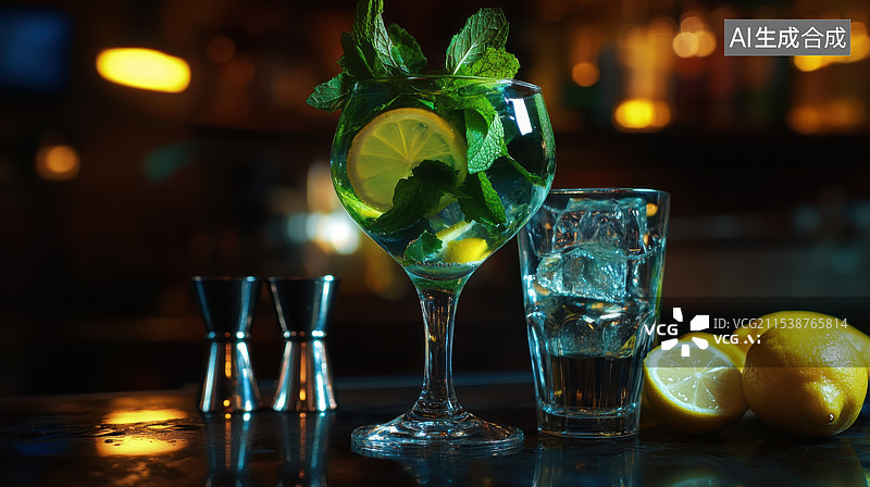 【AI数字艺术】酒吧酒杯特写图片素材