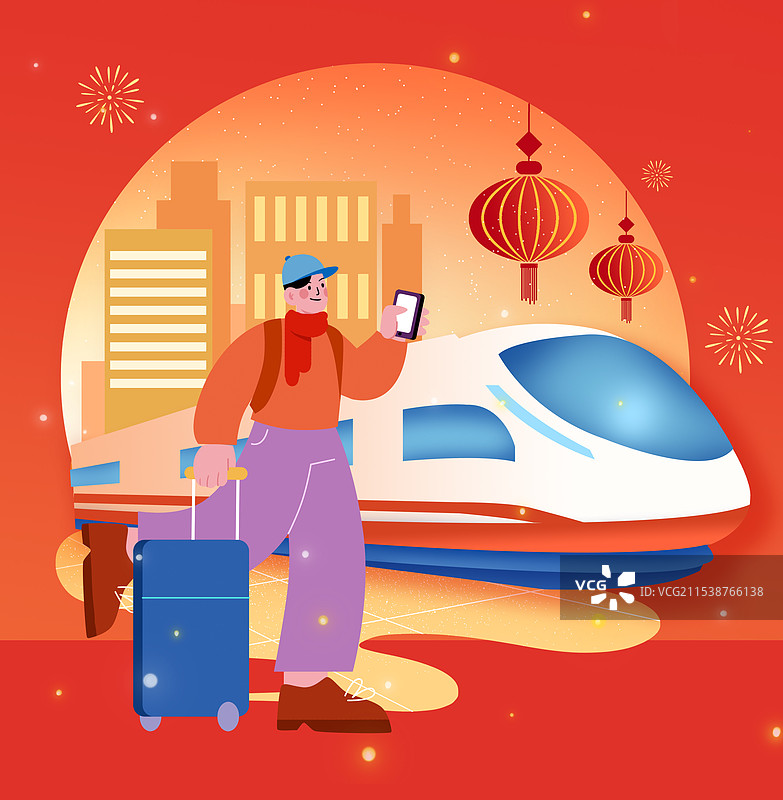 扁平蛇年新年春节春运回家火车原创插画图片素材