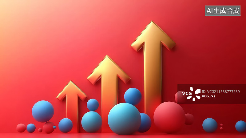 【AI数字艺术】红色背景下的向上箭头，金融经济增长概念图片素材
