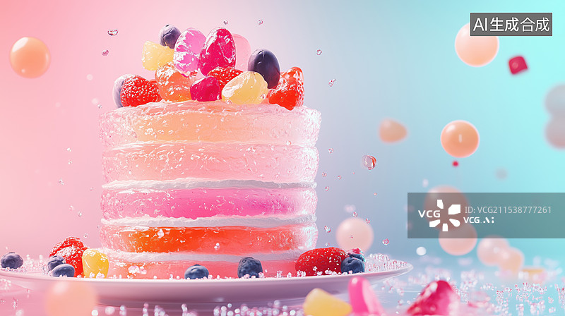 【AI数字艺术】清新晶莹透亮糖果色蛋糕果冻3D卡通立体插画图片素材