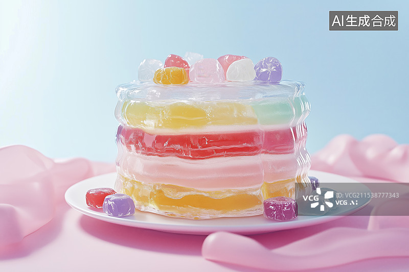 【AI数字艺术】清新晶莹透亮糖果色蛋糕果冻3D卡通立体插画图片素材