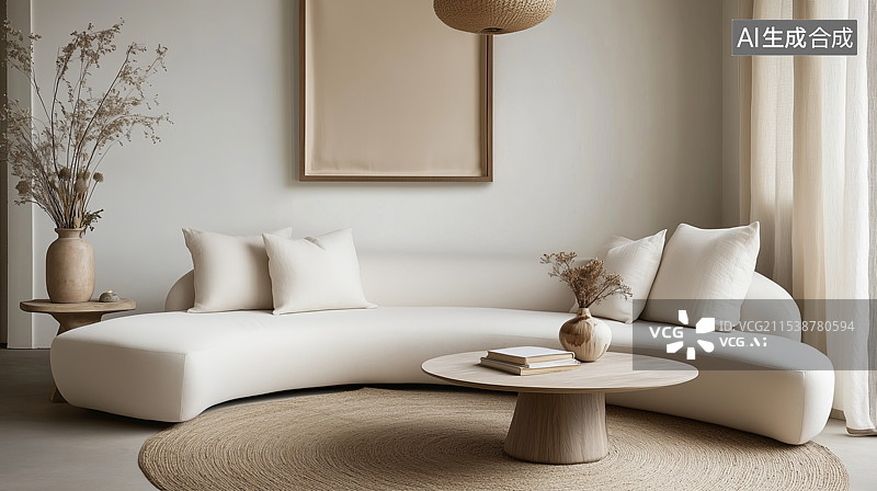 【AI数字艺术】3D室内奶油风客厅沙发三维空间场景图片素材