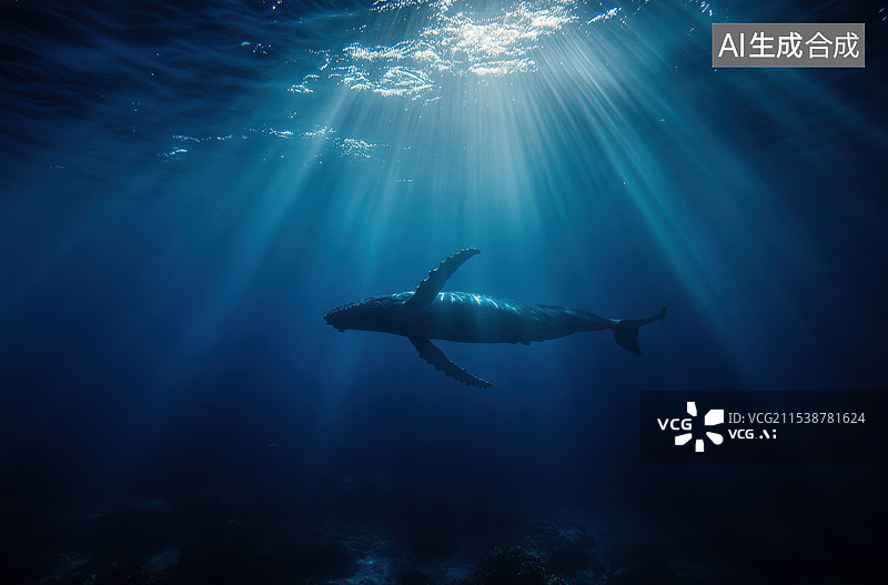 【AI数字艺术】座头鲸在阳光下的海面附近游泳图片素材