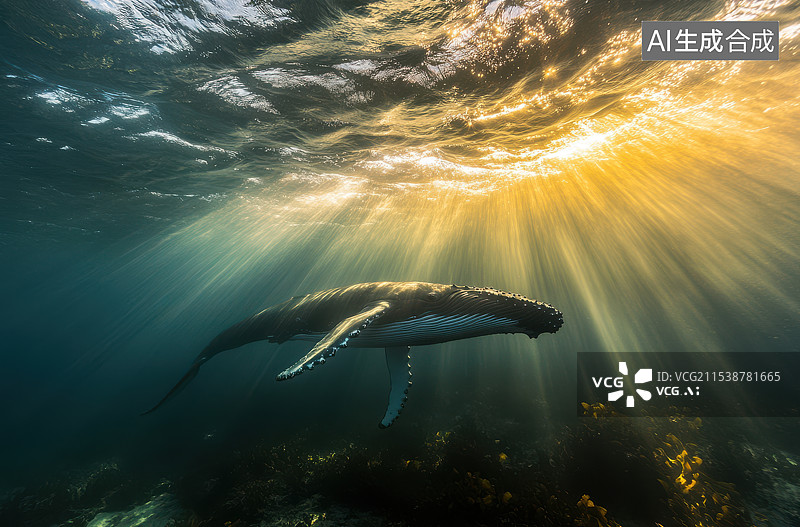【AI数字艺术】座头鲸在阳光下的海面附近游泳图片素材