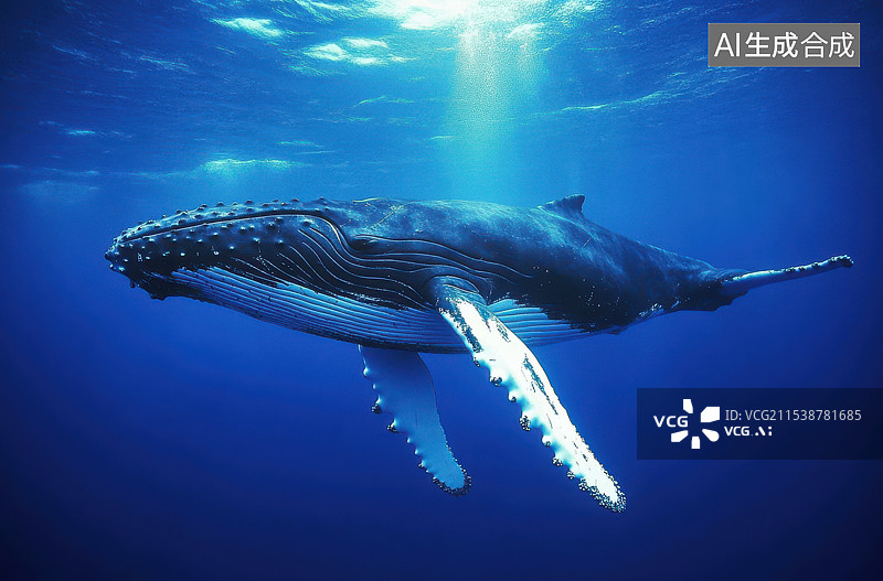 【AI数字艺术】座头鲸在阳光下的海面附近游泳图片素材