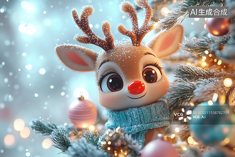 【AI数字艺术】3D圣诞主题背景一个可爱的驯鹿在装饰圣诞树图片素材