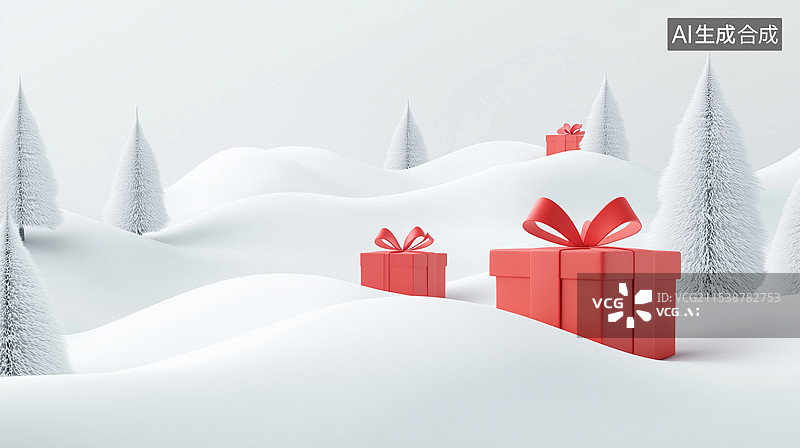 【AI数字艺术】冬天节日背景雪山上有礼品盒3D场景图片素材
