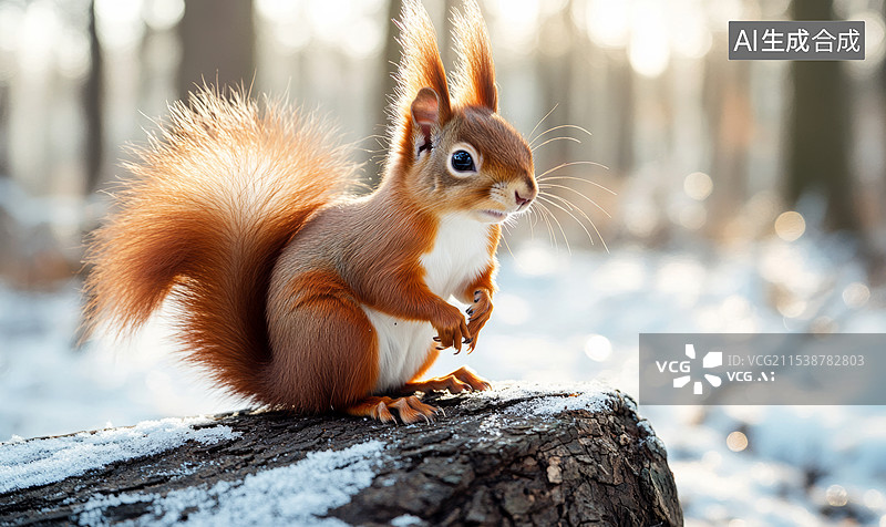 【AI数字艺术】一只红松鼠，它站在一个被雪覆盖的树桩上。背景是冬季的森林，阳光透过树木洒在松鼠身上，营造出温暖而宁静图片素材