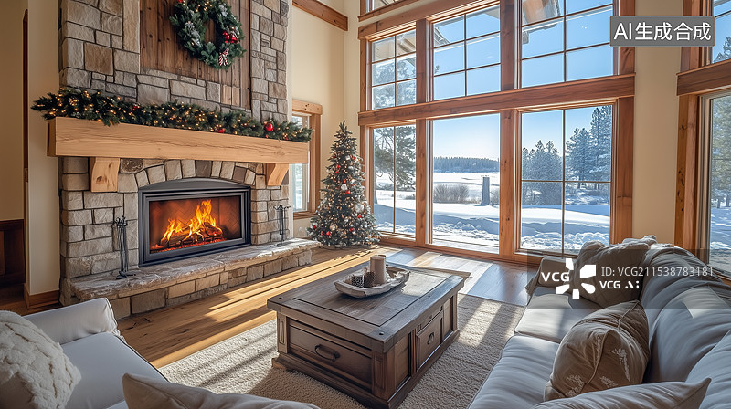 【AI数字艺术】冬日主题温暖的客厅壁炉外面在下雪图片素材