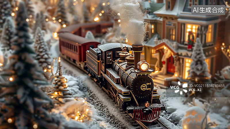 【AI数字艺术】3D渲染微缩模型雪地上的蒸汽火车图片素材