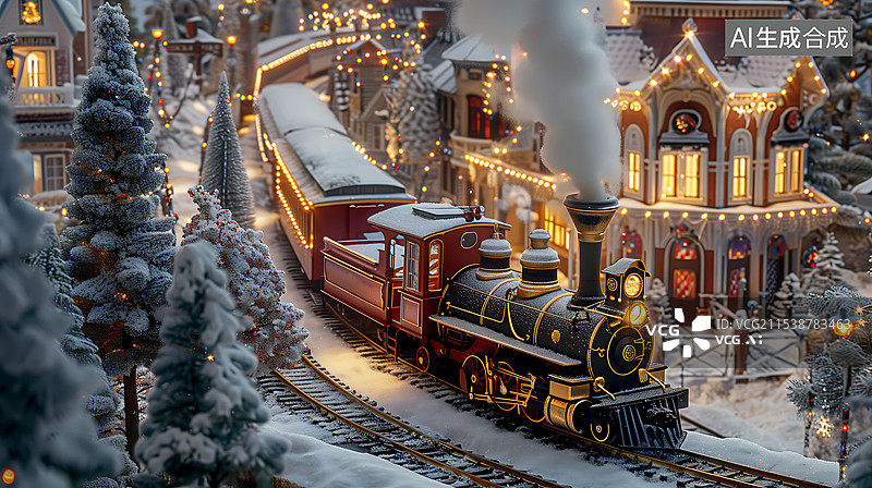 【AI数字艺术】3D渲染微缩模型雪地上的蒸汽火车图片素材