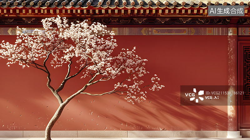 【AI数字艺术】红色宫墙腊梅盛开场景插画图片素材