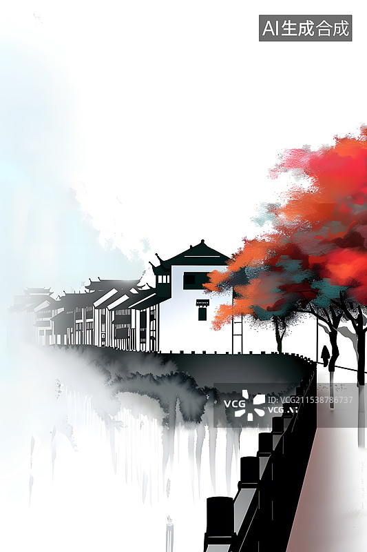 【AI数字艺术】极简徽派建筑江南水乡山水画图片素材