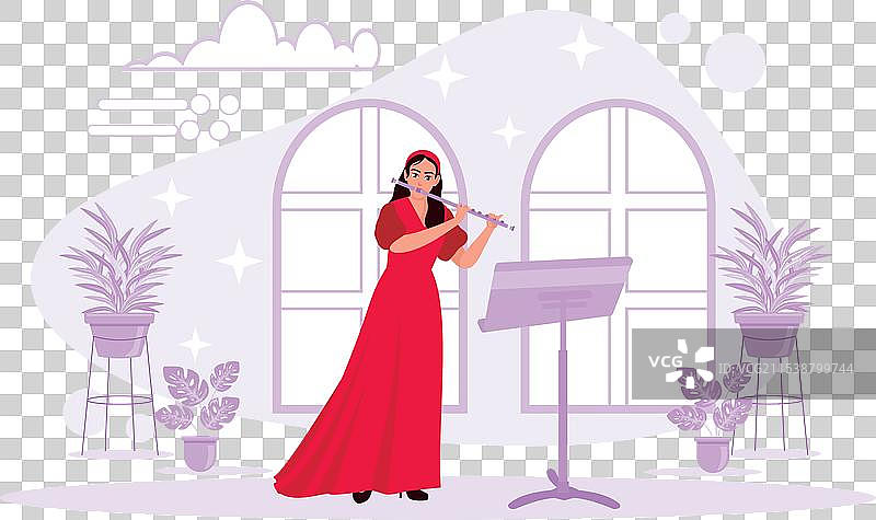 穿着长裙的美丽女性在吹奏长笛图片素材