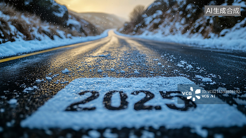 【AI数字艺术】冬季雪山公路印着2025图片素材