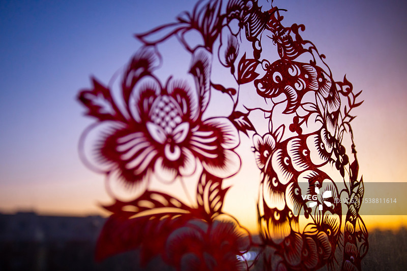 蛇年春节的晨光照在窗花上图片素材