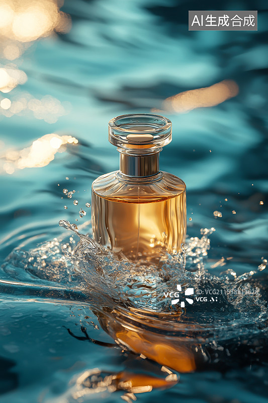 【AI数字艺术】水花四溅背景中的奢华香水瓶特写图片素材