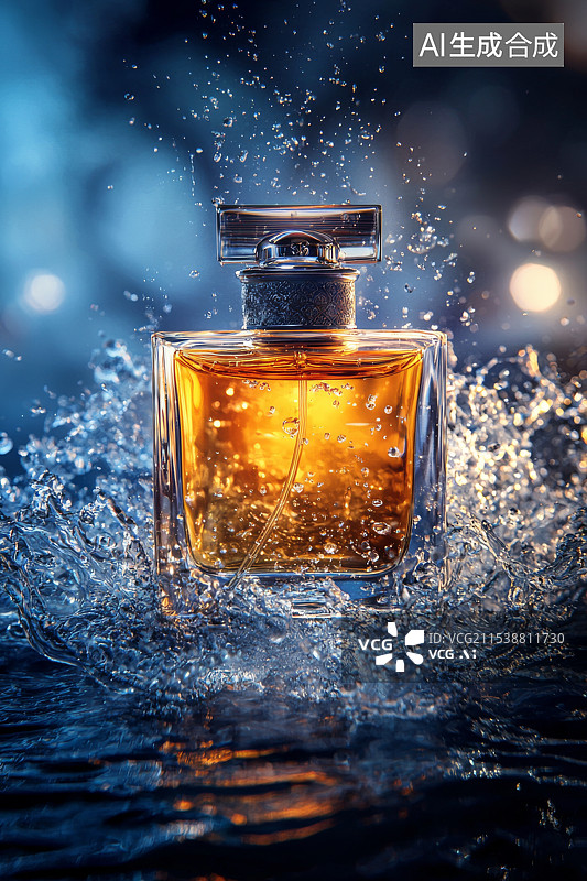 【AI数字艺术】水花四溅背景中的奢华香水瓶特写图片素材