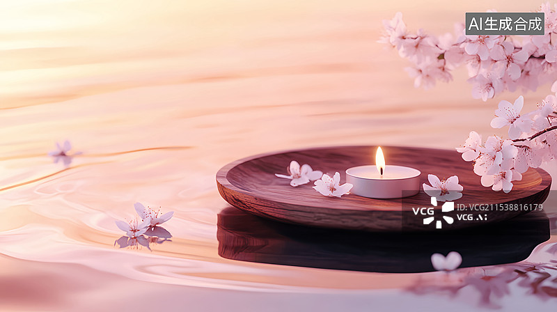 【AI数字艺术】春天樱花茶蜡SPA美容产品展台粉色背景图片素材