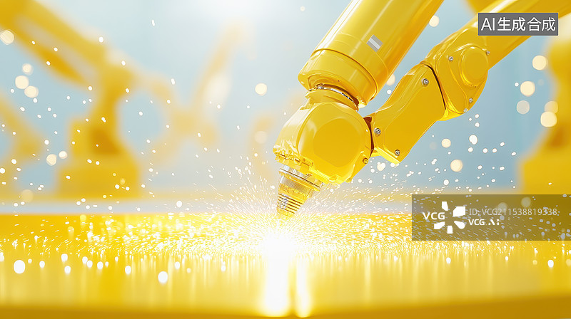 【AI数字艺术】金色机械臂在发光表面上工作图片素材