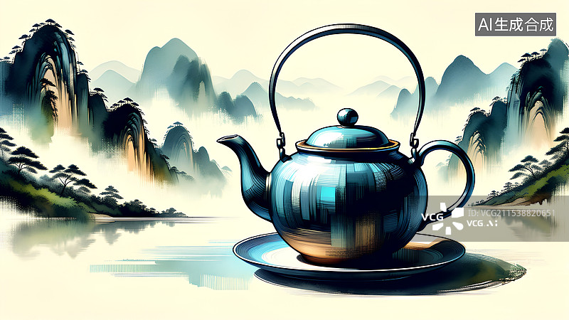 【AI数字艺术】茶文化 茶壶 中国山水画背景图片素材