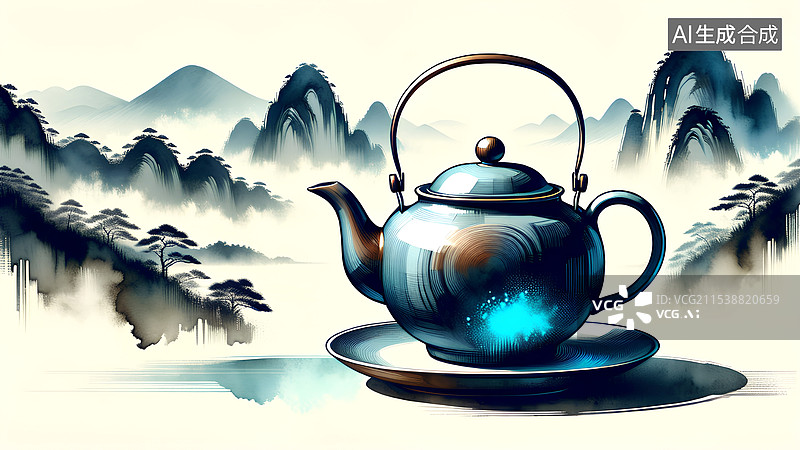 【AI数字艺术】茶文化 茶壶 中国山水画背景图片素材