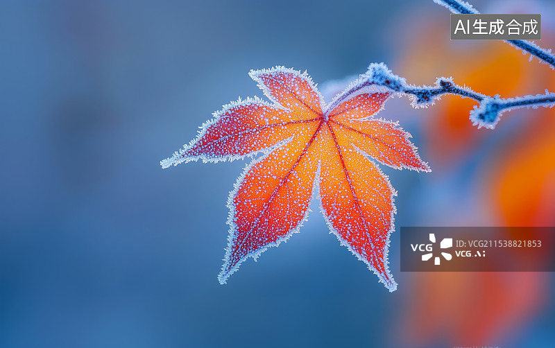 【AI数字艺术】秋天深秋，一叶结霜的红叶黄叶，寒露霜降节气概念图片素材