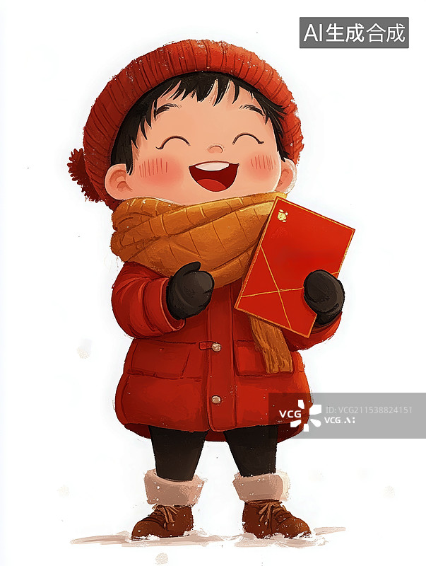 【AI数字艺术】白色背景，一个身着红色衣服开心拿着红包的卡通小男孩，新年春节概念插画图片素材