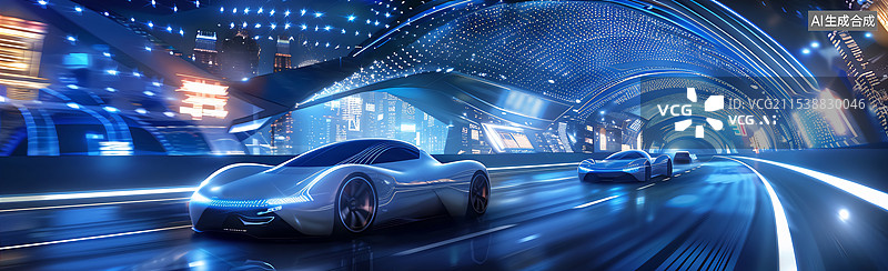 【AI数字艺术】海底隧道行驶的新能源汽车背景图片素材