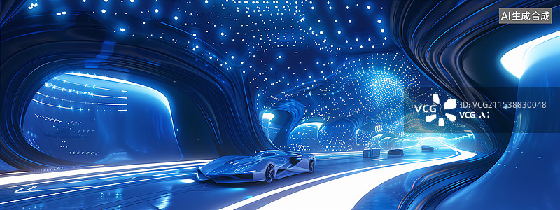 【AI数字艺术】海底隧道行驶的新能源汽车背景图片素材