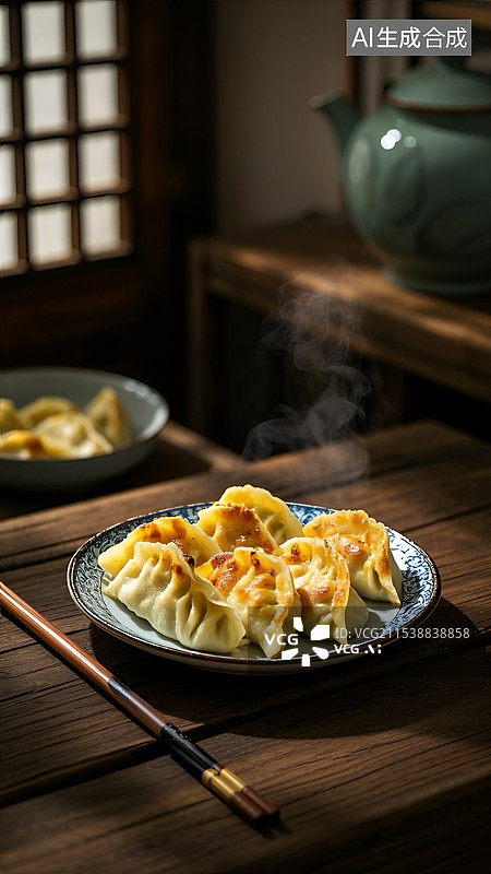 【AI数字艺术】一盘热气腾腾的煎饺图片素材