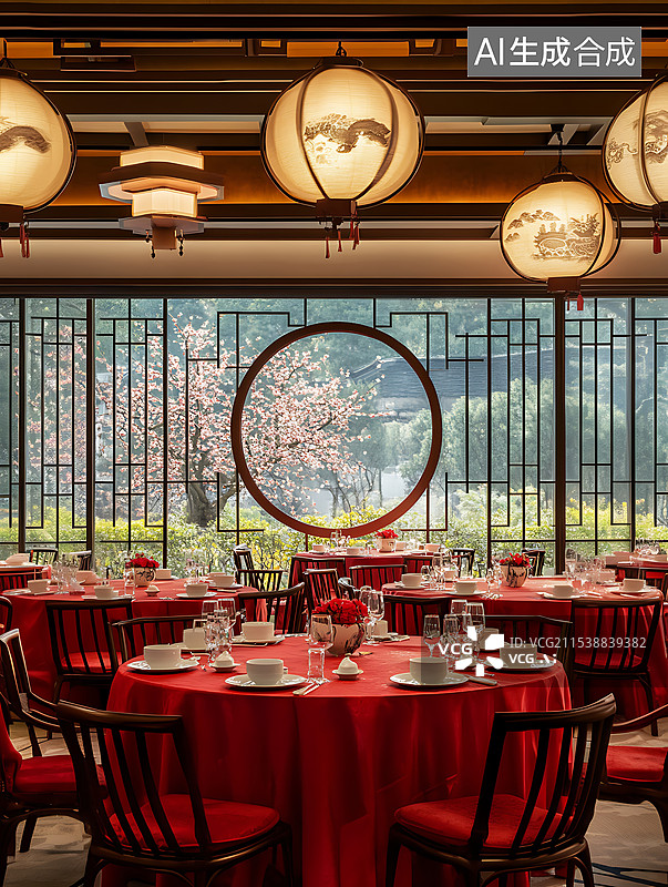 【AI数字艺术】红色喜庆的餐桌情景，年夜饭婚礼聚餐图片素材