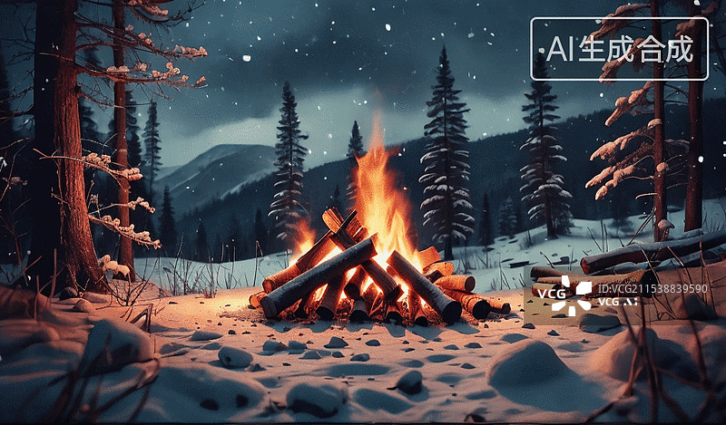 【AI数字艺术】冬夜篝火图片素材